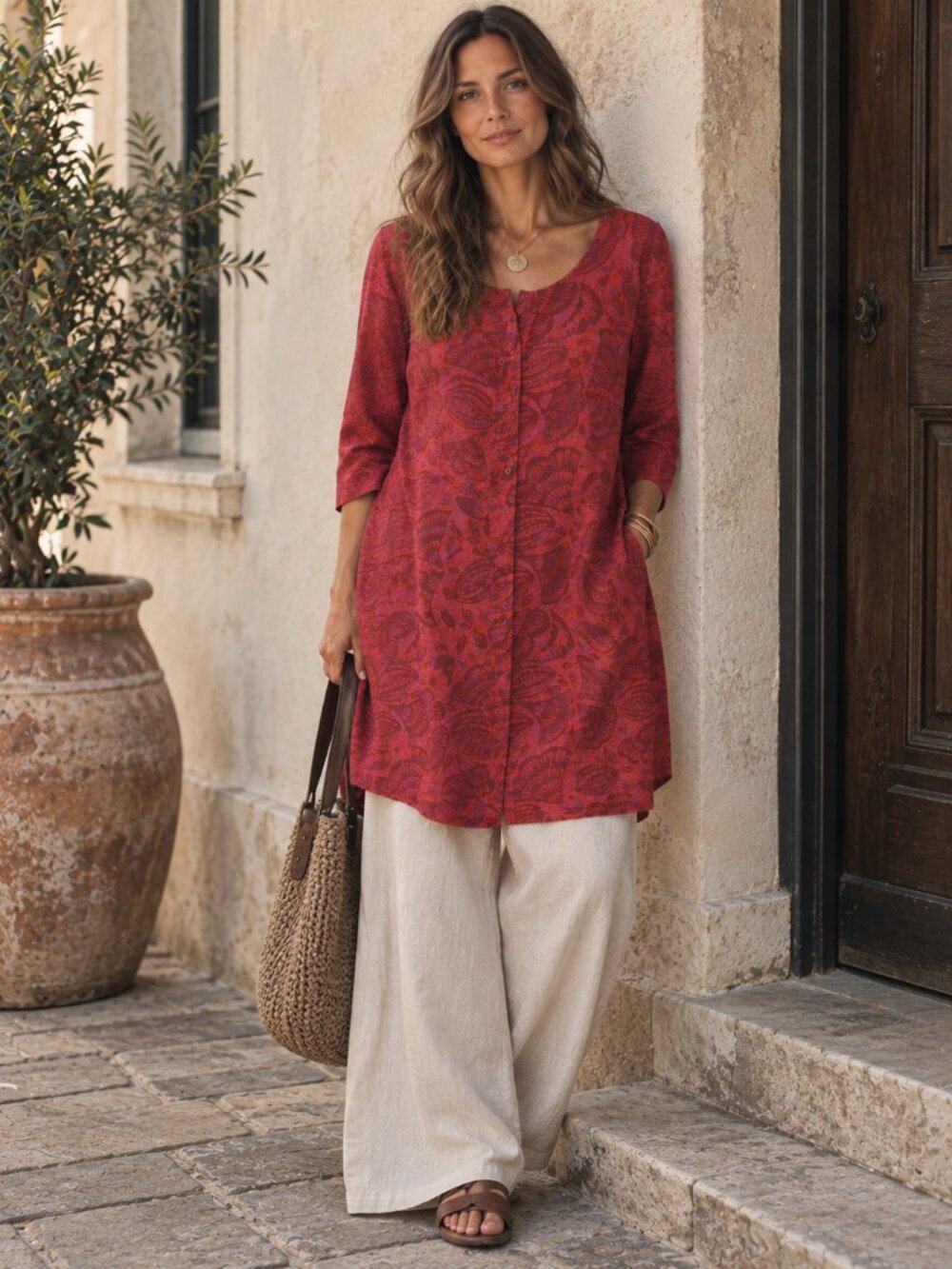 Gudrun Sjödén Red Floral Button Front Tunic Boho Lagenlook Artsy Travel Euro M